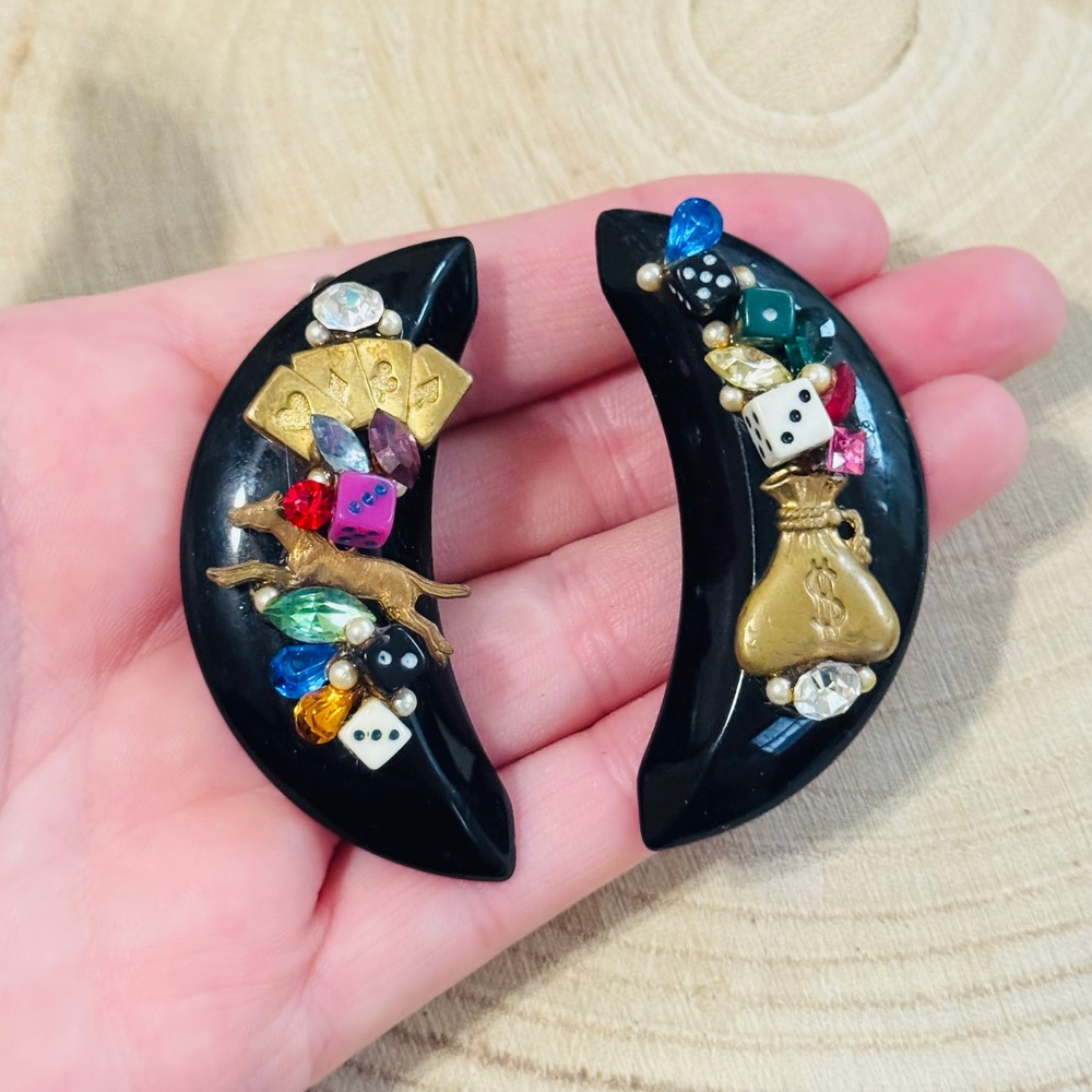 VTG Katrina Cat Clip Gambling Earrings Chunky Crystal‎ Money Bag Flashy Colorful
